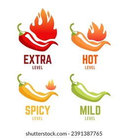 Hot spicy level labels of vector chili. Spicy food or sauce taste scale indicators, green, red, yellow and orange rating signs for hot, extra and mild taste