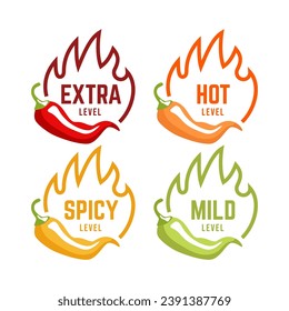 Etiquetas de nivel picante de chile vectorial. Indicadores de escala de sabor de comida o salsa picante, signos de clasificación de color verde, rojo, amarillo y naranja para gusto caliente, extra y suave