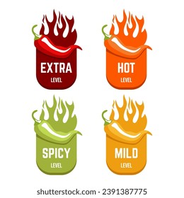 Hot spicy level labels of vector chili. Spicy food or sauce taste scale indicators, green, red, yellow and orange rating signs for hot, extra and mild taste