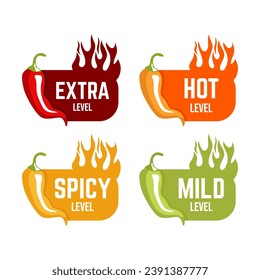 Etiquetas de nivel picante de chile vectorial. Indicadores de escala de sabor de comida o salsa picante, signos de clasificación de color verde, rojo, amarillo y naranja para gusto caliente, extra y suave