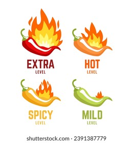 Hot spicy level labels of vector chili. Spicy food or sauce taste scale indicators, green, red, yellow and orange rating signs for hot, extra and mild taste