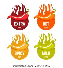 Hot spicy level labels of vector chili. Spicy food or sauce taste scale indicators, green, red, yellow and orange rating signs for hot, extra and mild taste