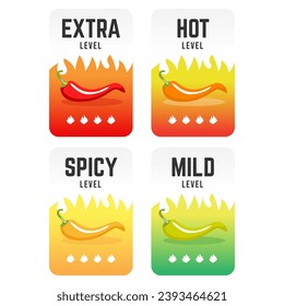 Hot spicy level labels of vector chili. Spicy food or sauce taste scale indicators, green, red, yellow and orange rating signs for hot, extra and mild taste