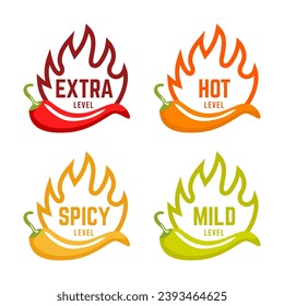 Etiquetas de nivel picante de chile vectorial. Indicadores de escala de sabor de comida o salsa picante, signos de clasificación de color verde, rojo, amarillo y naranja para gusto caliente, extra y suave