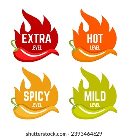 Hot spicy level labels of vector chili. Spicy food or sauce taste scale indicators, green, red, yellow and orange rating signs for hot, extra and mild taste