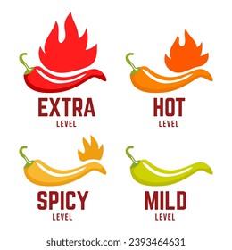 Hot spicy level labels of vector chili. Spicy food or sauce taste scale indicators, green, red, yellow and orange rating signs for hot, extra and mild taste