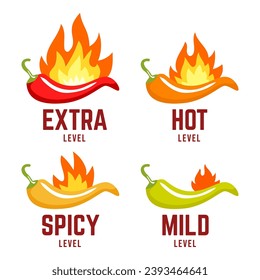 Hot spicy level labels of vector chili. Spicy food or sauce taste scale indicators, green, red, yellow and orange rating signs for hot, extra and mild taste