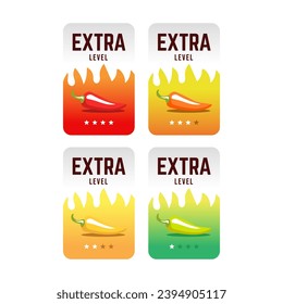 Hot spicy level labels of vector chili. Spicy food or sauce taste scale indicators, green, red, yellow and orange rating signs for hot, extra and mild taste