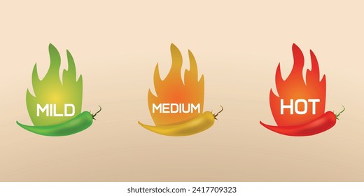 Hot spicy level labels of vector jalapeno, chili peppers with fire flames. Pepper spicy level badges. Vector realistic hot pepper and fire flame. Hot red spicy pepper.