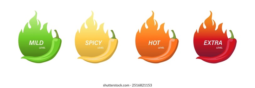 Rótulos de nível picante quente de pimenta vetorial. Indicadores de escala de sabor de comida ou molho picante, verde, vermelho, amarelo e laranja sinais de classificação para sabor quente, extra e suave