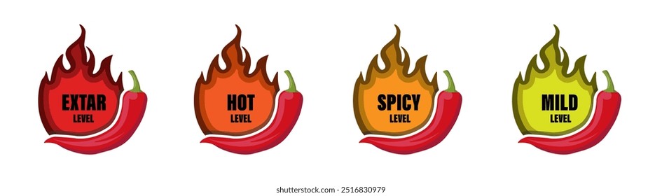 Rótulos de nível picante quente de pimenta vetorial. Indicadores de escala de sabor de comida ou molho picante, verde, vermelho, amarelo e laranja sinais de classificação para sabor quente, extra e suave	