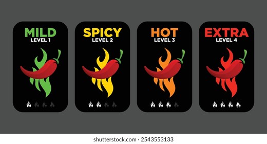 Etiquetas de nivel picante caliente de chile de Vector. Indicadores de la escala de sabor de la comida picante o salsa, signos de clasificación verdes, rojos, amarillos y naranjas para sabor caliente, extra y suave