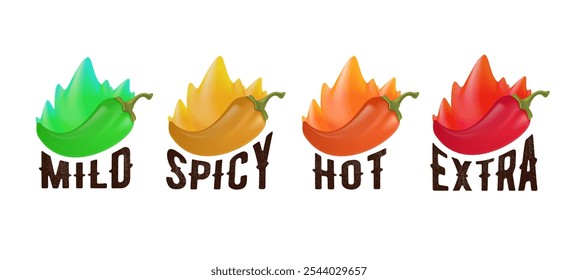 Etiquetas de nível picante quente do vetor jalapeno, pimentão, pimentão caiena com chamas de fogo. Indicadores de escala de sabor de comida ou molho picante, verde, vermelho, amarelo e laranja sinais de classificação para sabor quente, extra e suave