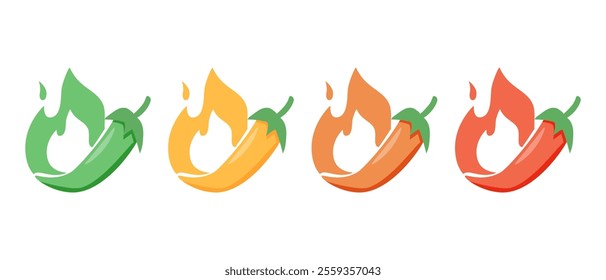 Hot spicy level labels of vector jalapeno, chili, cayenne peppers with fire flames. Spicy food or sauce taste scale indicators, green, red, yellow and orange rating signs for hot, extra and mild taste