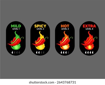 Rótulos de nível picante quente de pimenta do vetor Comida picante ou molho indicadores escala verde vermelho amarelo e laranja classificação sinais para quente extra e sabor suave    

