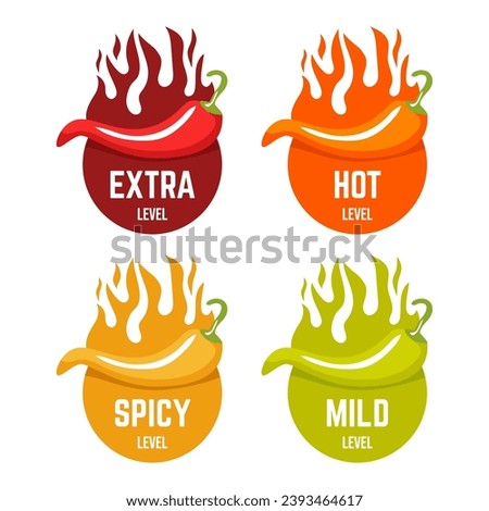 Hot spicy level labels of vector chili. Spicy food or sauce taste scale indicators, green, red, yellow and orange rating signs for hot, extra and mild taste