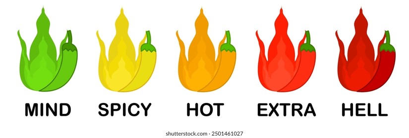 Hot spicy level labels.Chili and flame.Pepper or jalapeno.Food rating.Mild, spicy, hot, extra and hell.taste scale indicators.Sign, symbol, icon or logo isolated.Cartoon vector illustration.