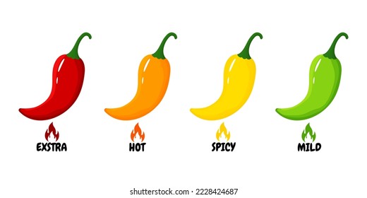 Hot spicy level labels.Vector icons chili pepper with red, yellow, orange and green flames. Extra, spicy, hot and mild strength. Savory food scale emblems