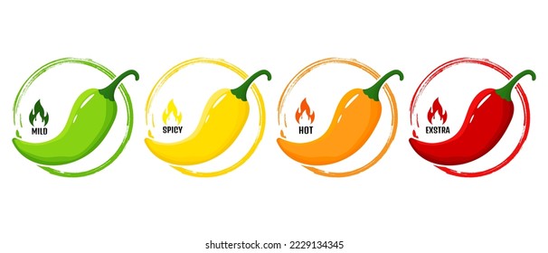 Hot spicy level labels.Vector icons chili pepper with red, yellow, orange and green flames. Extra, spicy, hot and mild strength. Savory food scale emblems