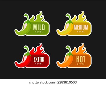 	
Hot spicy level vector labels of spice food and sauce taste scale. Red chili pepper, cayenne, jalapeno, habanero with fire flames and mild green, spicy yellow, hot orange, extra red rating indicator