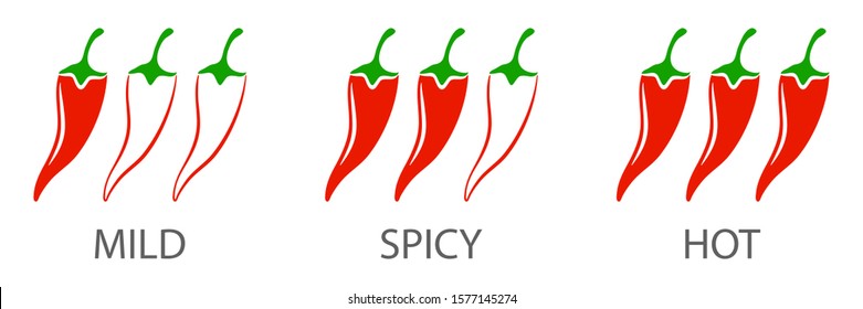 Hot, spicy and mild red chili pepper strength scale indicators. Organic labels for mexican or asian dishes. Chilli paper red green spicy, mild and hot taste level labels. Food organic logo icons.