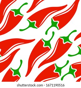 Hot spicy mild red chili pepper seamless pattern. Organic spices for mexican or asian dishes. Chilli paper red green spicy hot taste and flavor symbol. Food organic seamless pattern design.