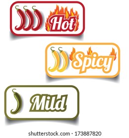 Hot, spicy and mild jalapeÃ?Â±o stickers. EPS 10 vector, grouped for easy editing. No open shapes or paths.