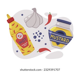 Hot and Spicy Mustard and Chili Sauce in Bottle Vector Composition