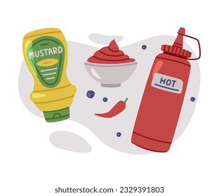 Hot and Spicy Mustard and Chili Sauce in Plastic Bottle Vector Composition