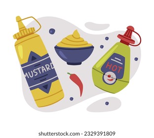 Hot and Spicy Mustard and Chili Sauce in Bottle and Bowl Vector Composition