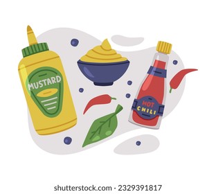 Hot and Spicy Mustard and Chili Sauce in Bottle Vector Composition