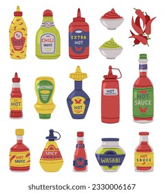 Hot and Spicy Mustard and Chili Sauce in Plastic Bottle with Label Vector Set