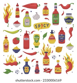 Hot and Spicy Mustard and Chili Sauce in Plastic Bottle with Ingredient Vector Set