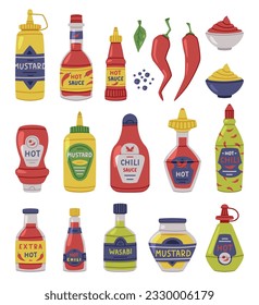 Hot and Spicy Mustard and Chili Sauce in Plastic Bottle with Label Vector Set