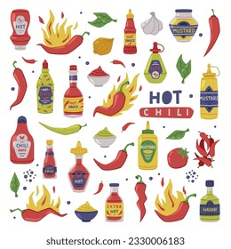 Hot and Spicy Mustard and Chili Sauce in Plastic Bottle with Ingredient Vector Set