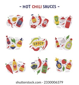 Hot and Spicy Mustard and Chili Sauce in Plastic Bottle Vector Composition Set