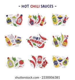 Hot and Spicy Mustard and Chili Sauce in Plastic Bottle Vector Composition Set