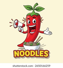 Hot and Spicy Noodles Logo Vector with Cartoon Chili Pepper Mascot and Megaphone