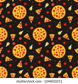 Hot spicy pizza - seamless pattern with slices and ingredients. Vector background for pizzeria restaurant menu, food delivery, flyers, advertisements, marketing materials