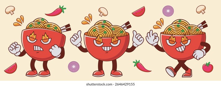 hot spicy ramen noodle character set. cartoon mascot with thumbs up and delicious pose