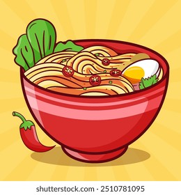 Fideos de Ramen picantes calientes en un tazón con cobertura de chile, verduras y carne picada. Concepto de objeto de comida con fondo retro o Antiguas