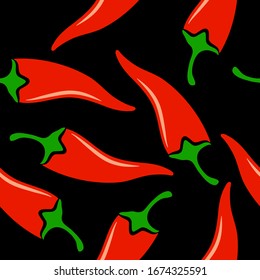 Hot spicy red chili pepper seamless pattern. Organic spices for mexican or asian dishes. Chilli paper red green spicy hot taste and flavor symbol. Food organic seamless pattern design.