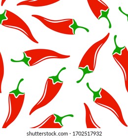 Hot spicy red chili pepper seamless pattern. Organic spices for mexican or asian dishes. Chilli paper red green spicy hot taste and flavor symbol. Food organic seamless pattern design.