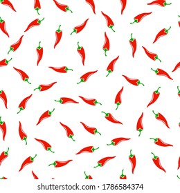 Hot spicy red chili pepper seamless pattern. Organic spices for mexican or asian dishes. Chilli paper red green spicy hot taste and flavor symbol. Food organic seamless pattern design.