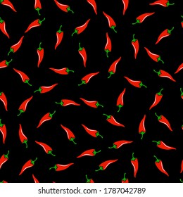 Hot spicy red chili pepper seamless pattern vector eps10. Organic spices for mexican or asian dishes. Chilli paper red green spicy hot taste and flavor symbol. Food organic seamless pattern design.