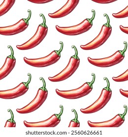 Hot spicy red chili pepper seamless pattern. Organic spices for mexican or asian dishes. Chilli paper red green spicy hot taste and flavor symbol. Food organic seamless pattern design. Vector print.