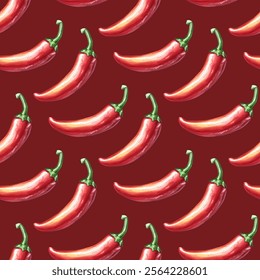 Hot spicy red chili pepper seamless pattern. Organic spices for mexican or asian dishes. Chilli paper red spicy hot taste and flavor symbol. Food organic seamless pattern design. Vector kitchen print.