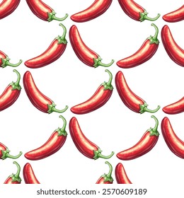 Hot spicy red chili pepper seamless pattern. Organic spices for mexican or asian dishes. Chilli paper red green spicy hot taste and flavor symbol. Food organic seamless pattern design. Vector print.