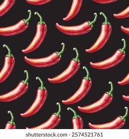 Hot spicy red chili pepper seamless pattern. Organic spices for mexican or asian dishes. Chilli paper red spicy hot taste and flavor. Food organic seamless pattern design. Vector kitchen print.