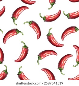 Hot spicy red chili pepper seamless pattern. Organic spices for mexican or asian dishes. Chilli paper red green spicy hot taste and flavor symbol. Food organic seamless pattern design. Vector print.